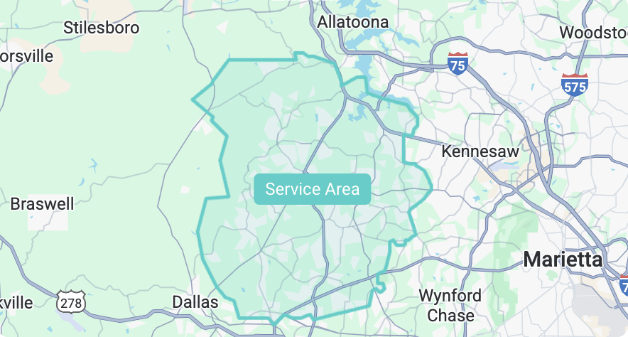 Dixie’s Finest Mobile Grooming service area map showing a 10-mile radius around Crossroads (Hwy 92 & Cedarcrest Rd). Serving Dallas neighborhoods including Seven Hills, Cedarcrest, Dallas-Acworth Hwy, Gulledge Road, North Paulding, Senator’s Ridge, Harmony Grove Church Road, Dabbs Bridge Road, New Hope, Mt. Tabor, Bobo Road and E. Paulding Drive.